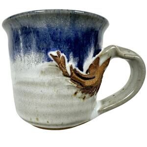 Hand Crafted Durango Pottery Blue Gray White Coffee Mug Raised Brown Bird-Mint!